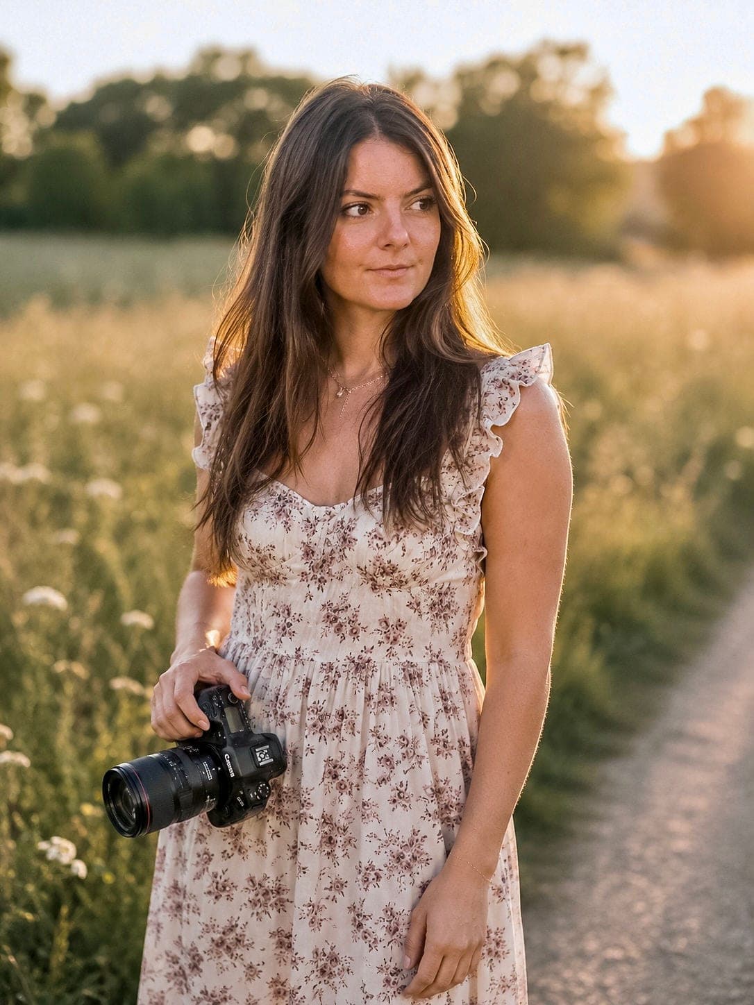 Émilie Mathieu, appareil photo entre les mains, dans un champ en fin de journée.
